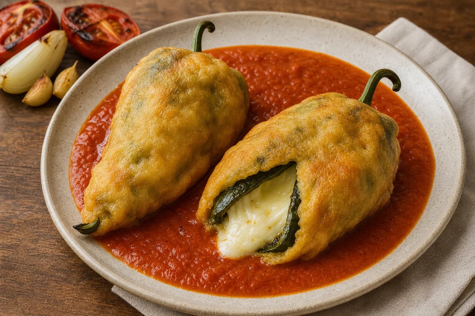Cheese-filled chiles rellenos with airy golden egg batter over tomato caldillo and molten Oaxaca cheese.