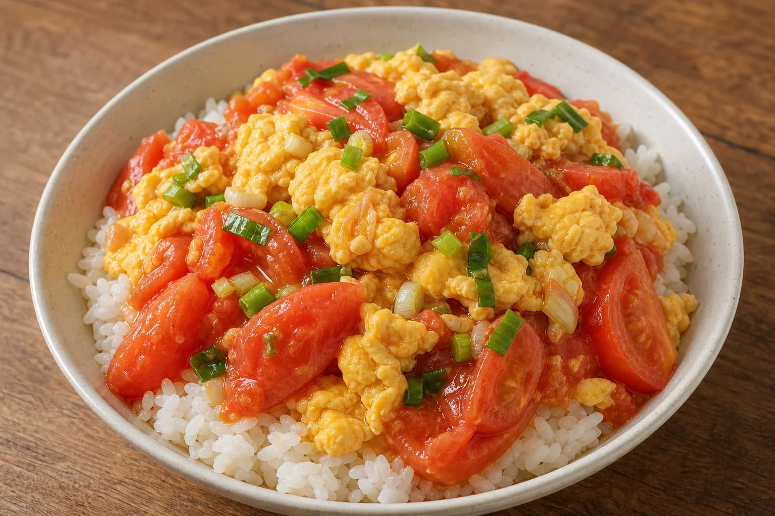 Chinese tomato and egg stir-fry with broad soft yellow curds, juicy red tomato wedges, scallions, and a light glossy sauce over rice.