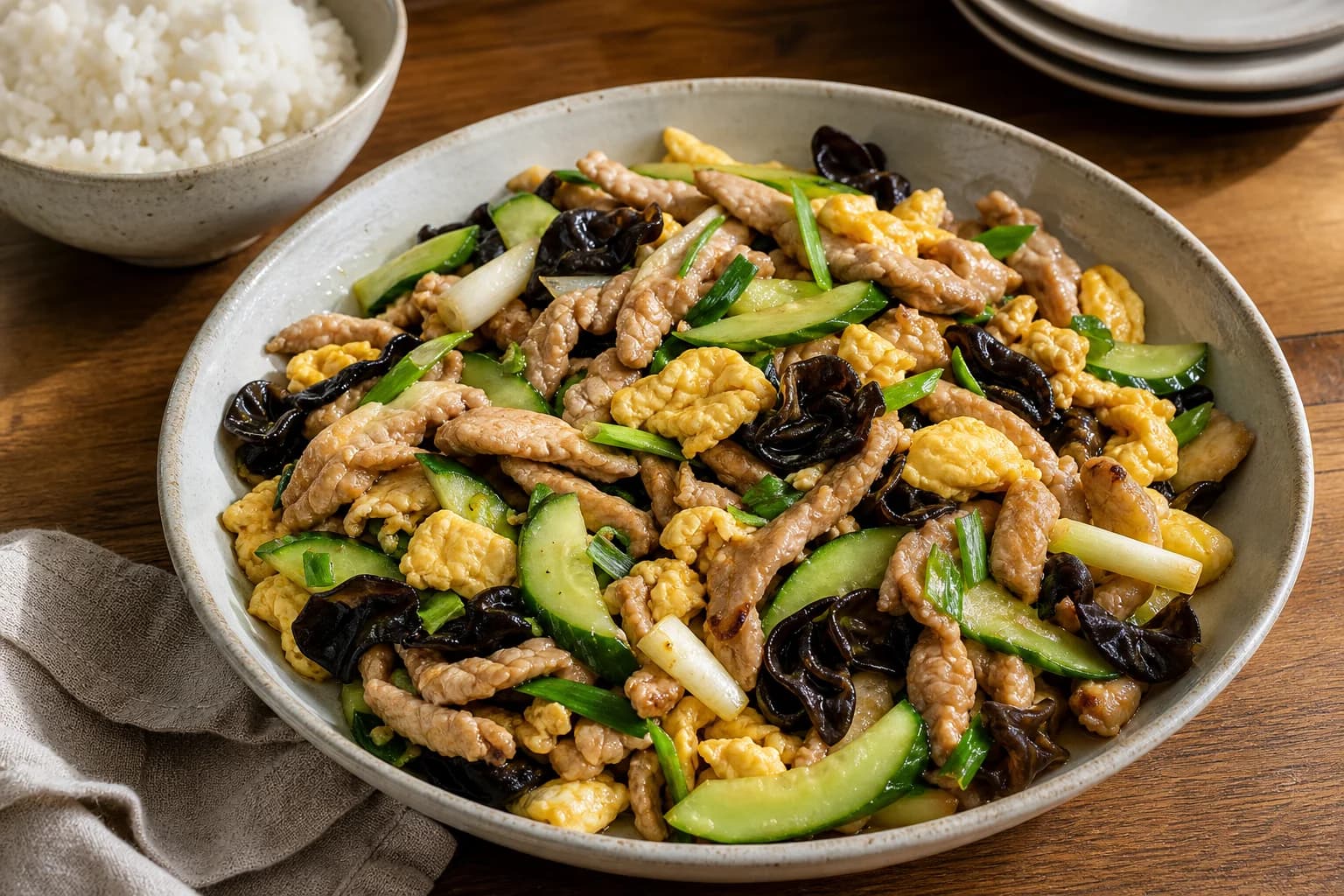 Northern Chinese moo shu pork with tender pork strips, broad egg curds, crisp cucumber, wood ear mushrooms, and scallions.