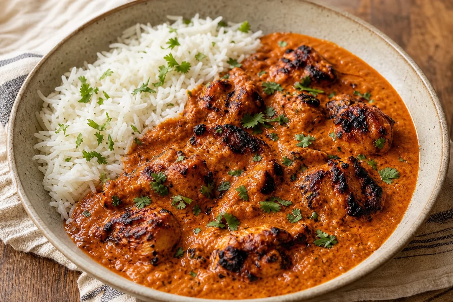 Chicken tikka masala with charred chicken pieces in thick spiced tomato-cream masala, cilantro, and basmati rice.