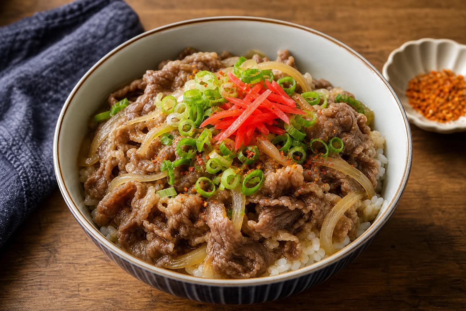 Japanese gyudon with paper-thin simmered beef and onion over white rice, scallions, red pickled ginger, and shichimi.