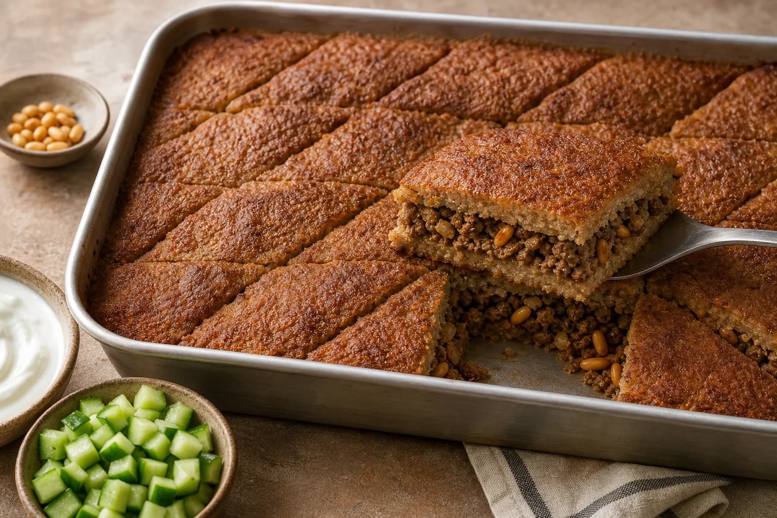 Lebanese baked kibbeh cut into diamonds with browned bulgur-beef shell, pine-nut meat filling, yogurt, and cucumber.
