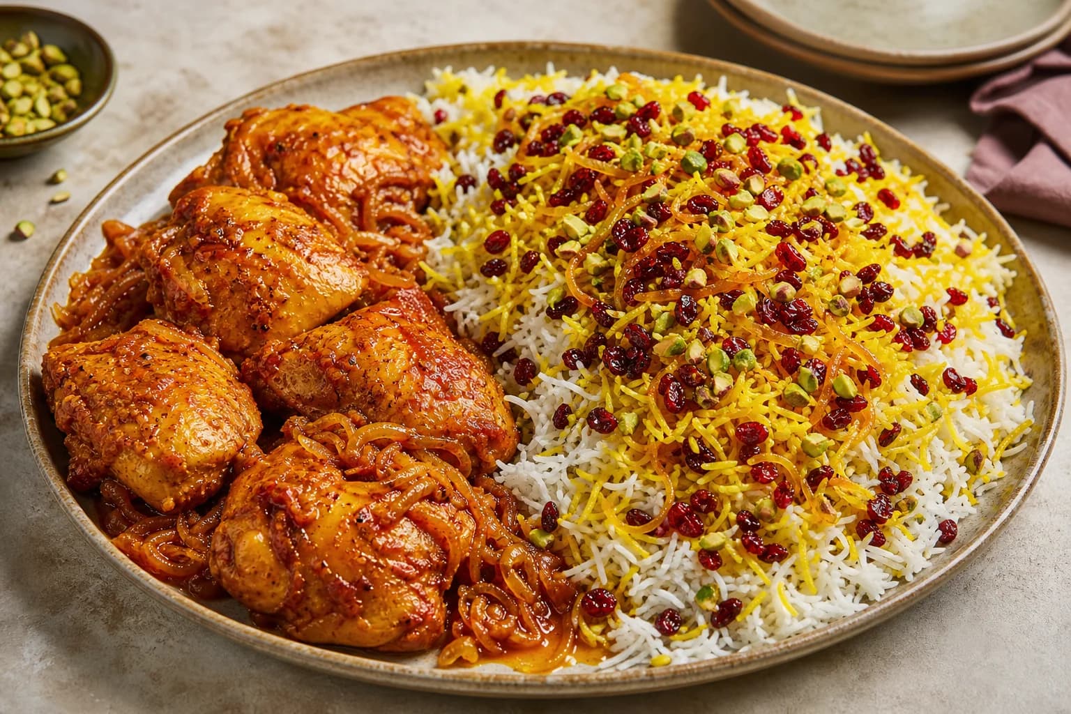 Persian zereshk polo with fluffy basmati, saffron rice, tart red barberries, pistachios, and tender tomato-saffron chicken served alongside.
