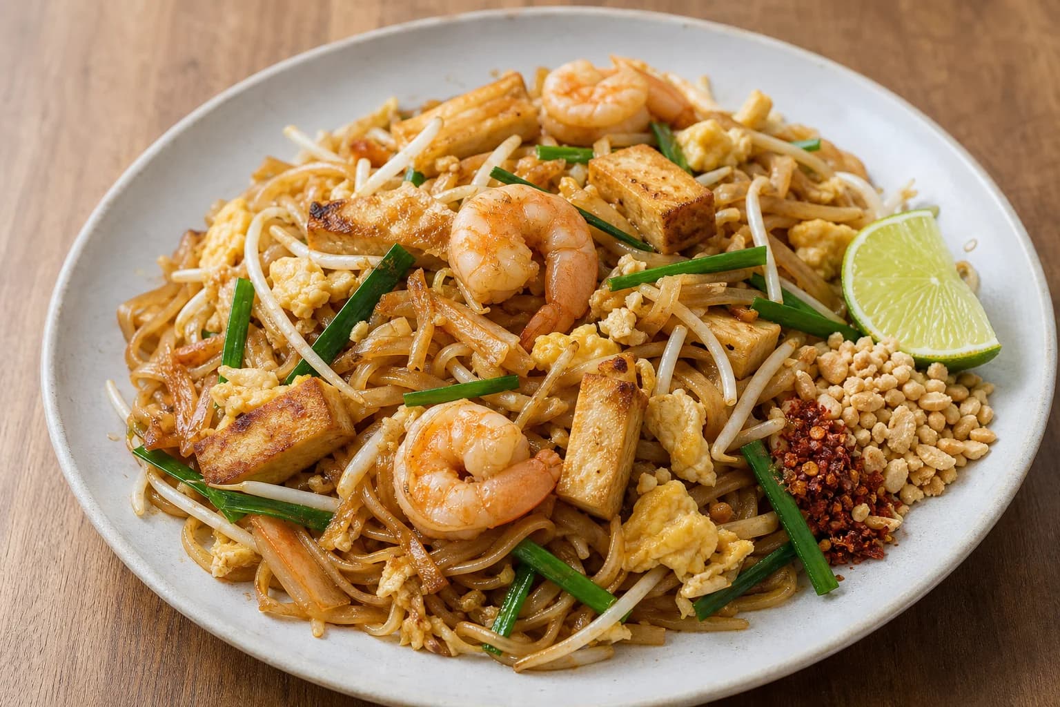 Thai pad thai with glossy separate rice noodles, shrimp, browned tofu, egg curds, sprouts, garlic chives, peanuts, chile, and lime.