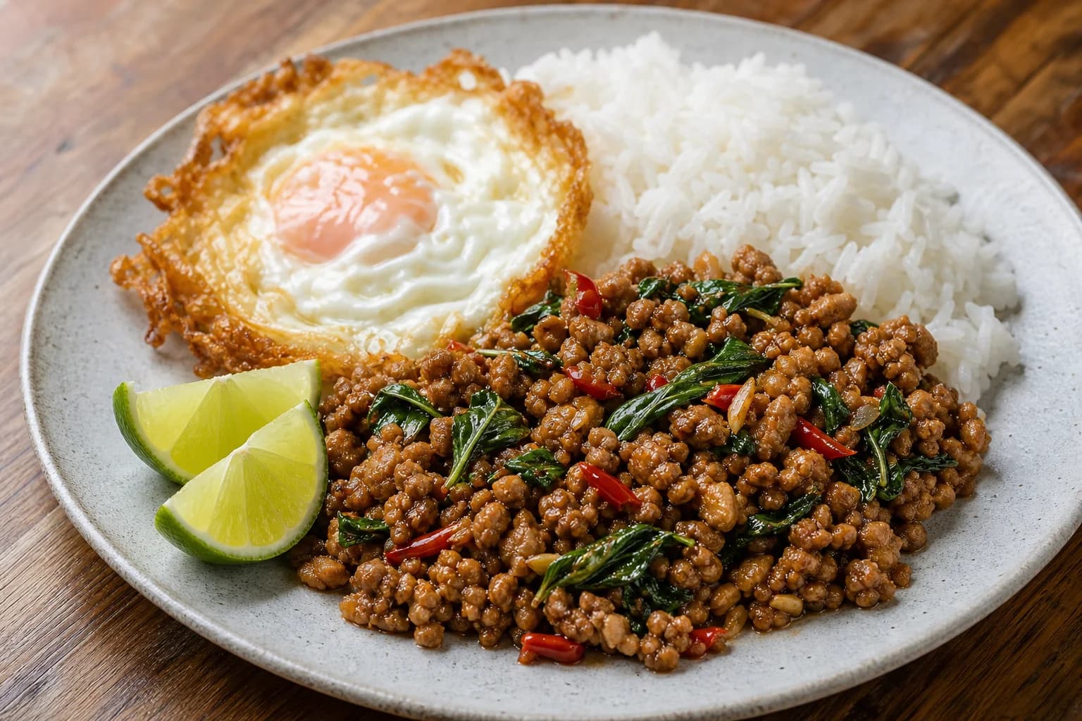 Thai pad kra pao with craggy chile-garlic chicken and just-wilted holy basil beside jasmine rice and a lacy fried egg.