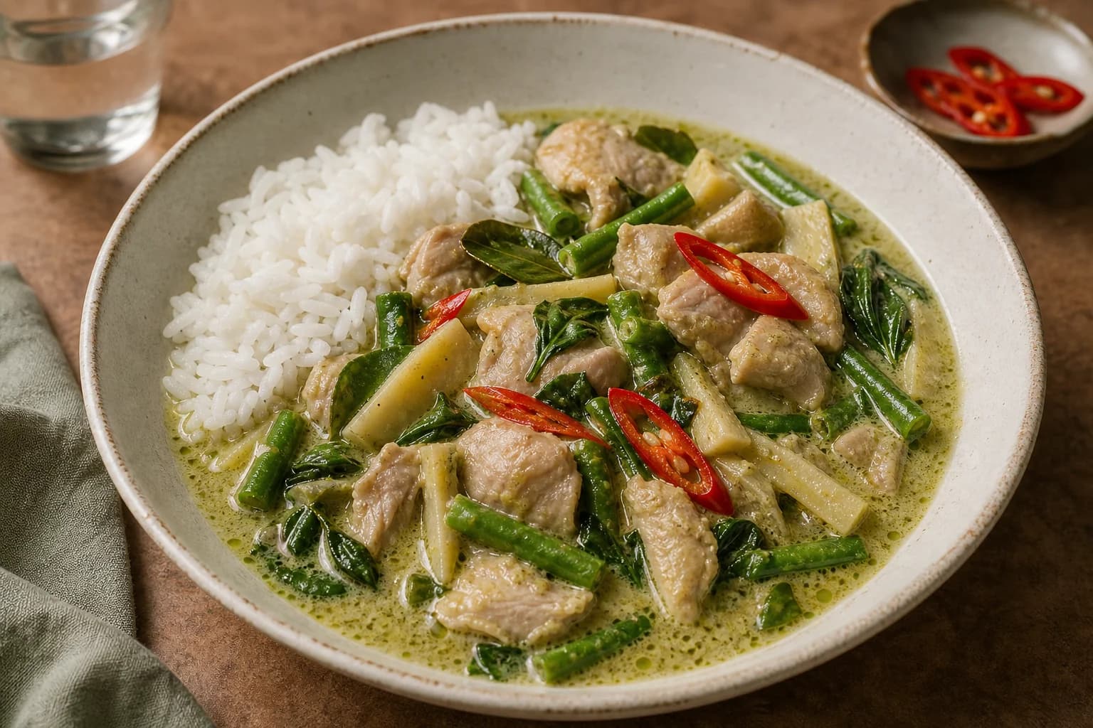Thai green chicken curry with coconut-rich green broth, tender chicken, bamboo shoots, green beans, makrut lime, basil, and sliced chile.