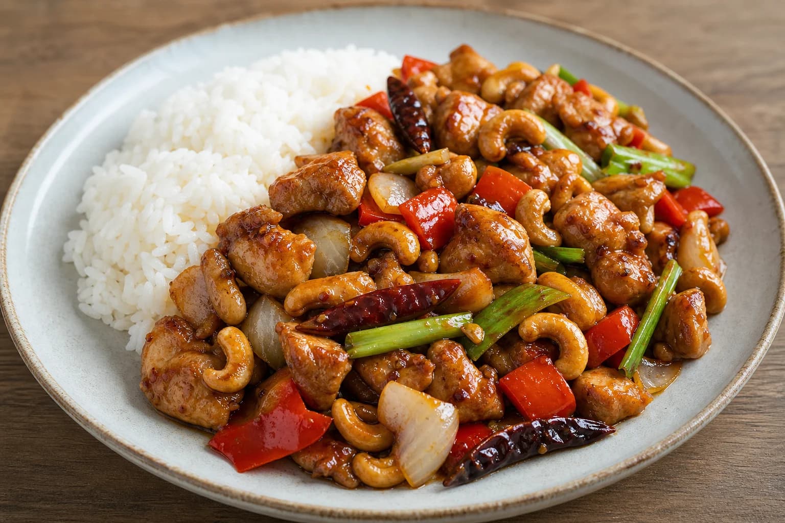 Thai cashew chicken with browned chicken, golden cashews, crisp peppers and onions, dried chiles, scallions, and a light glossy sauce.