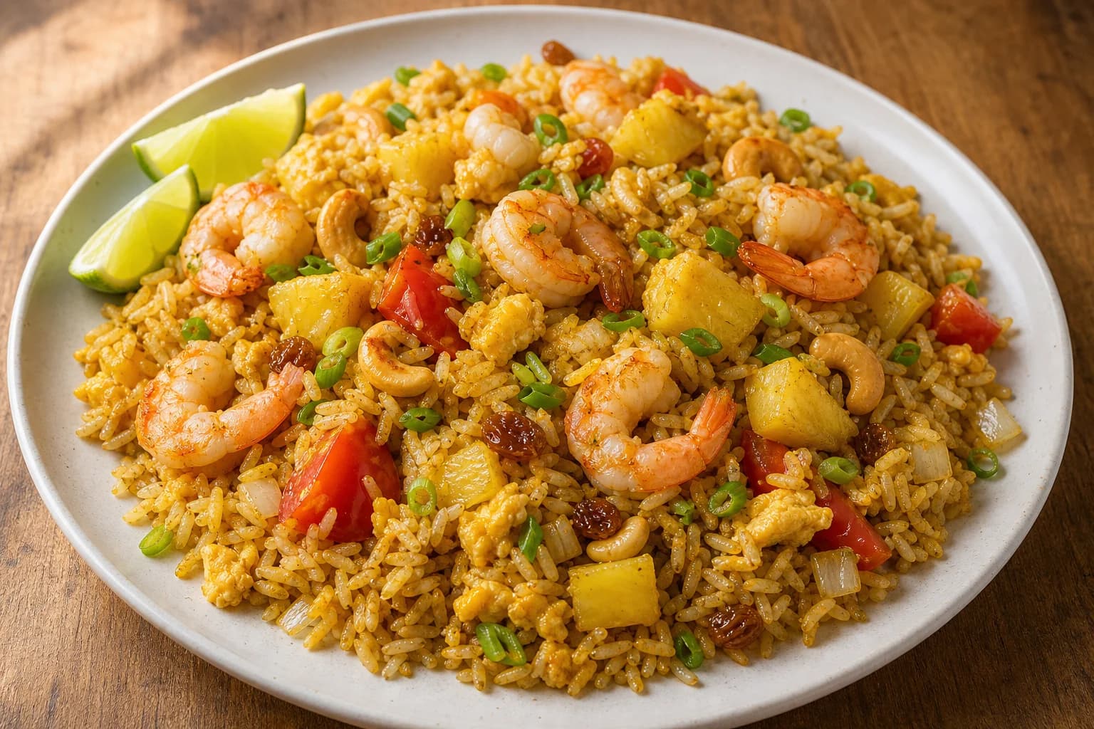 Thai pineapple shrimp fried rice with separate golden grains, tender shrimp, egg, pineapple, cashews, raisins, scallions, tomato, and lime.