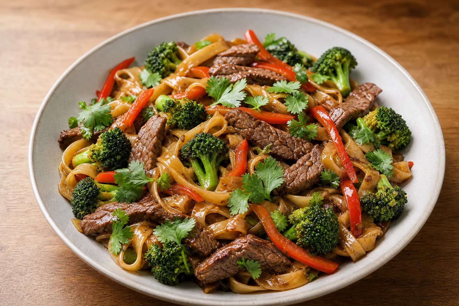 Shallow bowl of tamarind beef and broccoli noodles: wide rice noodles tossed in a glossy brown sauce with seared beef strips, broccoli florets, thin red pepper strips and fresh cilantro on top, photographed in natural light.