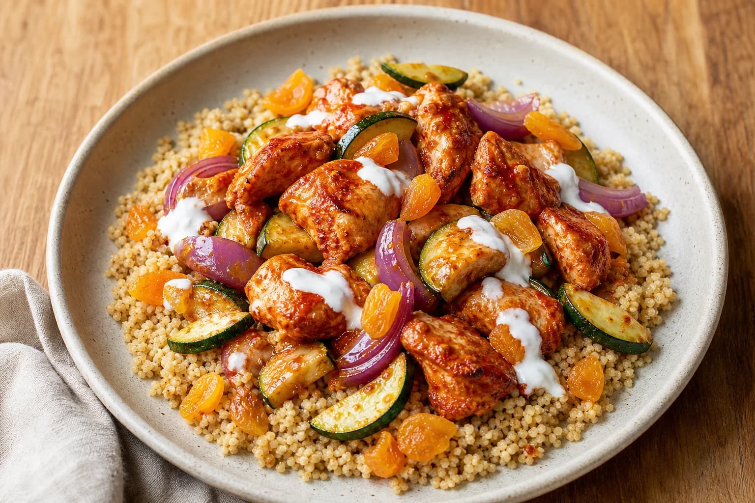 Plate of harissa-coated chicken pieces on a bed of whole-wheat couscous with zucchini half-moons, red onion wedges, chopped apricots and dollops of yogurt, photographed in natural light.