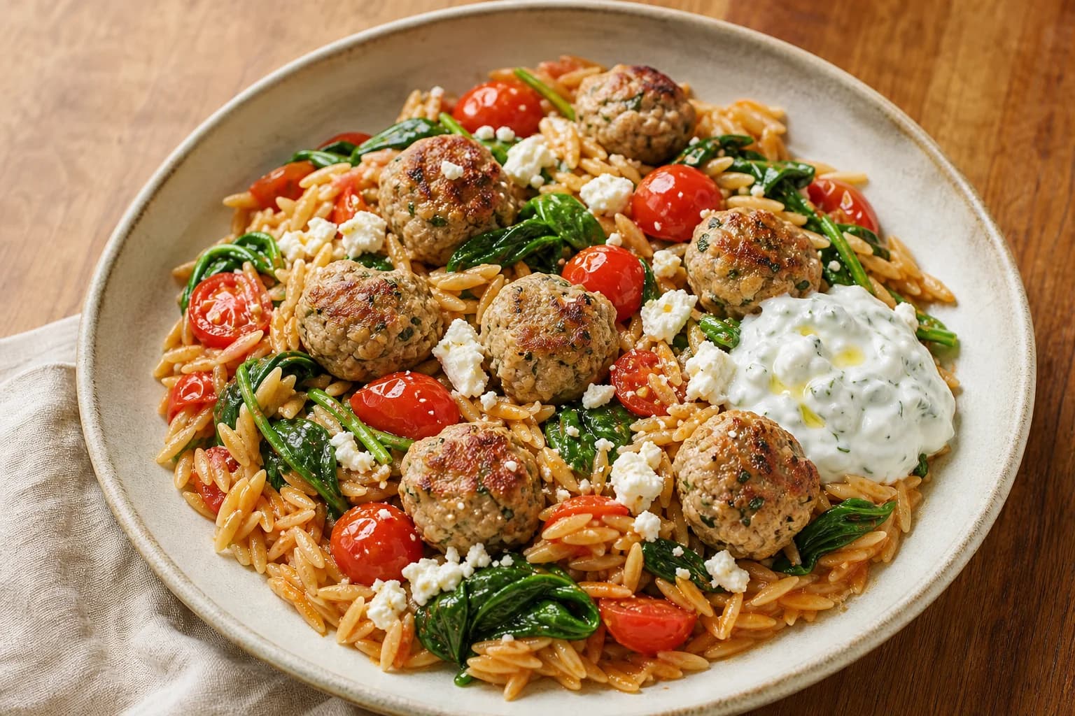 Shallow ceramic bowl of Greek turkey meatballs on whole-wheat orzo with cherry tomatoes and wilted spinach, a dollop of tzatziki, crumbled feta, and a drizzle of olive oil on a wooden table.