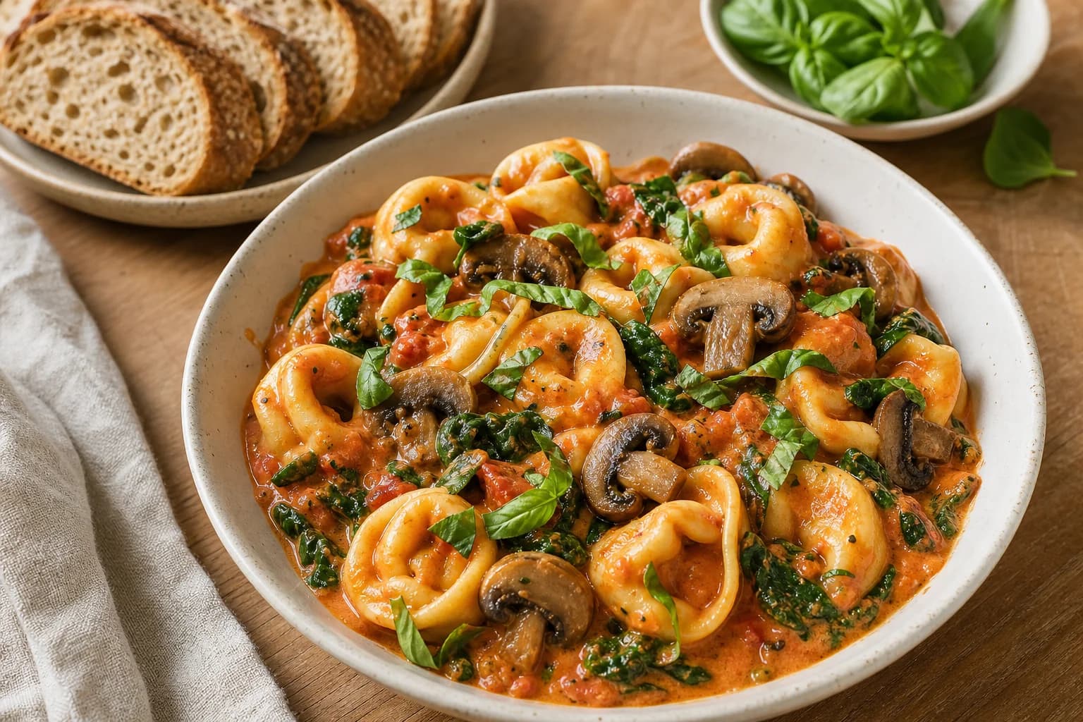 Bowl of creamy tomato tortellini with spinach and sliced cremini mushrooms in a glossy tomato-cream sauce, topped with torn basil; sliced whole-grain bread on a plate and a small bowl of basil in the background.