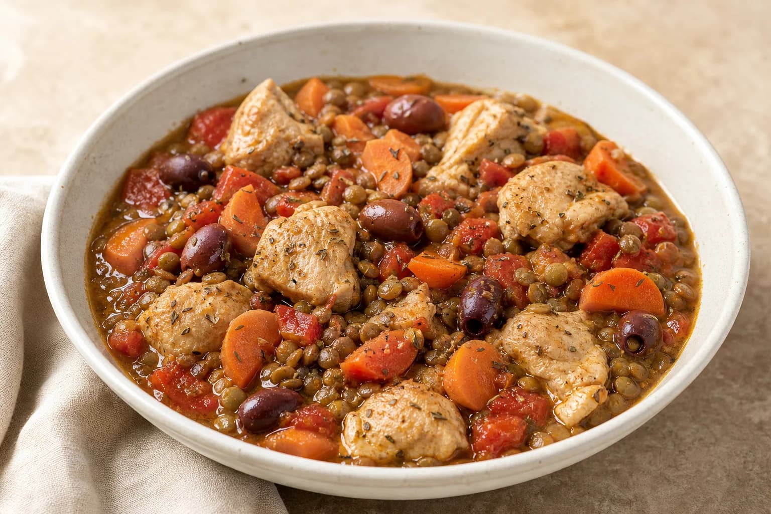 White bowl of Provençal chicken with lentils: herbed chicken pieces, French green lentils, diced tomatoes, carrot half-moons and Niçoise olives in a tomato-broth, served on a neutral surface.