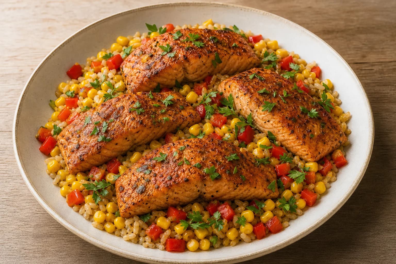 Four Cajun-spiced salmon fillets on a bed of brown rice, corn kernels and diced red bell pepper, finished with chopped parsley and a glossy sauce.