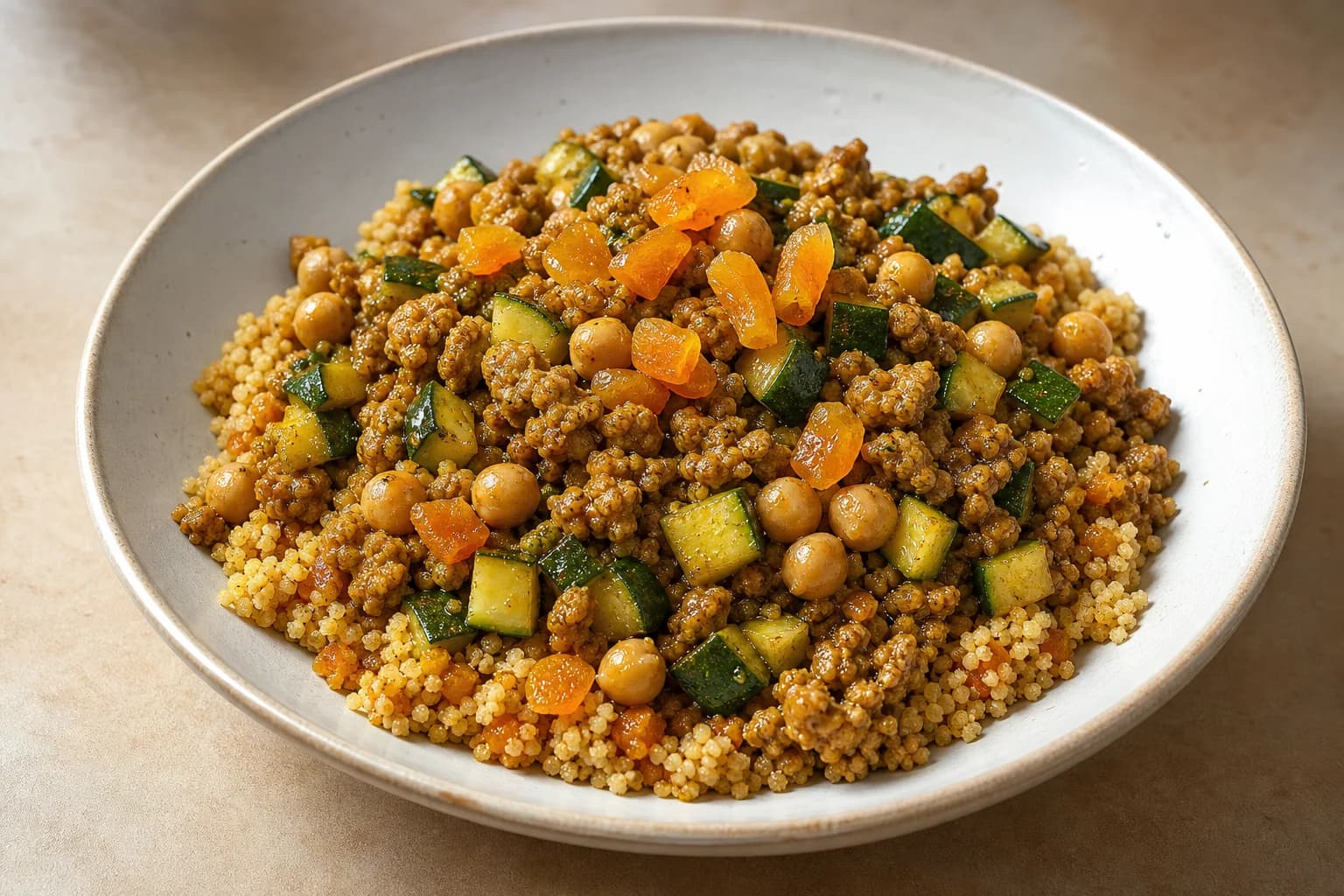 Shallow white bowl of whole-wheat couscous topped with spiced ground turkey, diced zucchini, chickpeas and chopped dried apricots, on a neutral surface.