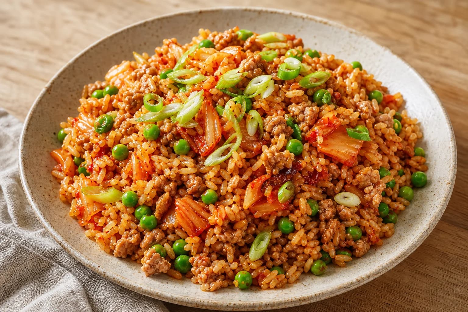 Three-quarter view of a single bowl of kimchi turkey fried rice — glossy brown rice mixed with crumbled turkey, bright green peas, and chunks of kimchi, finished with thinly sliced scallions in a speckled shallow bowl on a wooden surface.