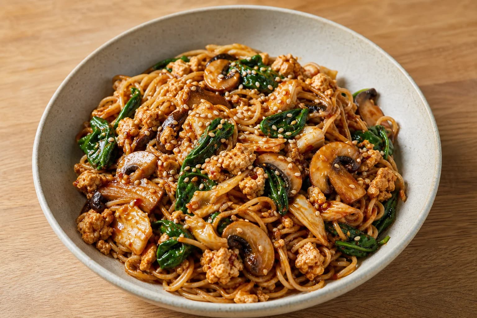 Bowl of spicy sesame mushroom noodles: whole-wheat noodles tossed with crumbled tofu, sliced browned mushrooms, wilted spinach and cabbage in a glossy red sesame–gochujang sauce, sprinkled with toasted sesame seeds, on a wooden surface.