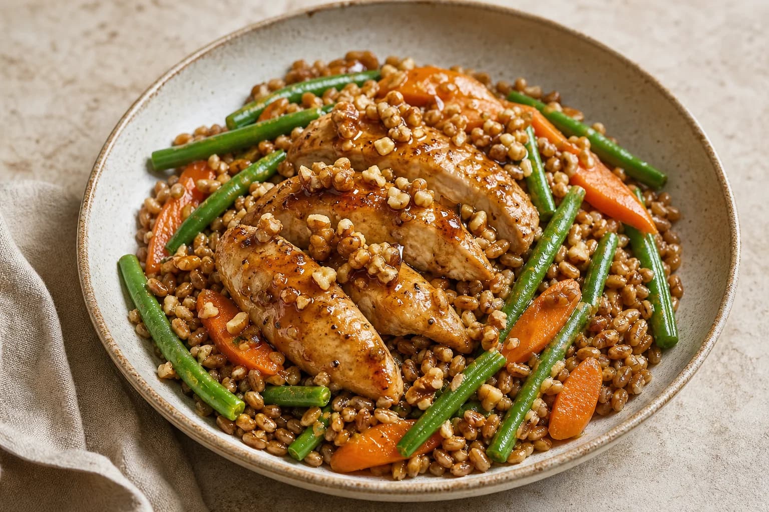 Bowl of pearled farro topped with three sliced pomegranate-glazed chicken cutlets, trimmed green beans, bias-cut carrot slices and chopped toasted walnuts, plated in natural light.