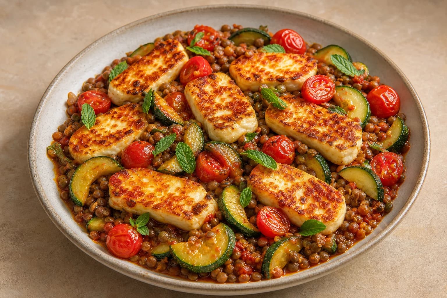 A shallow platter of halloumi with harissa lentils: eight golden-seared halloumi slabs arranged over a glossy bed of brown lentils, scattered zucchini half-moons, cherry tomatoes, and fresh mint leaves.