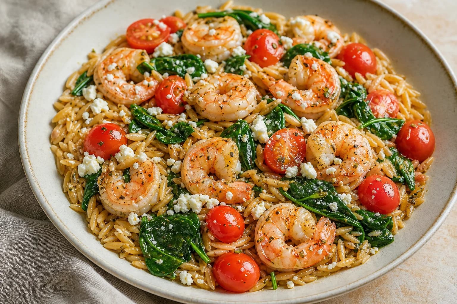 Bowl of lemon-oregano shrimp on whole-wheat orzo with cherry tomatoes, wilted spinach and crumbled feta, finished with a glossy herb sauce.