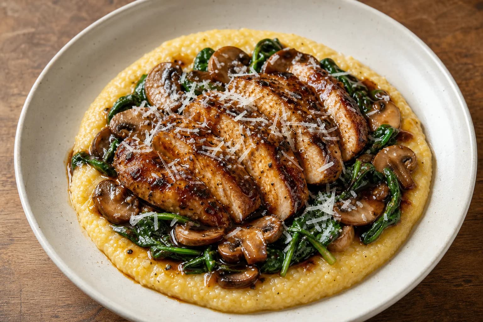 White shallow bowl with a single serving of balsamic-glazed sliced chicken breast on a ring of creamy polenta, surrounded by sautéed sliced cremini mushrooms and wilted spinach, finished with a glossy brown sauce and shredded Parmesan on a wooden surface.