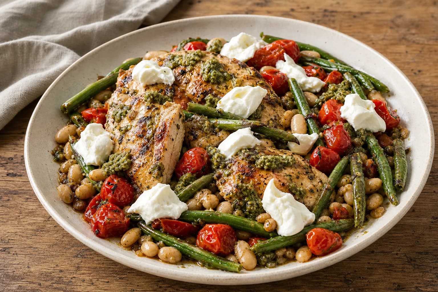 Plate of roasted Caprese chicken cutlets on a bed of cannellini beans with blistered cherry tomatoes, green beans, spooned pesto, and torn fresh mozzarella.
