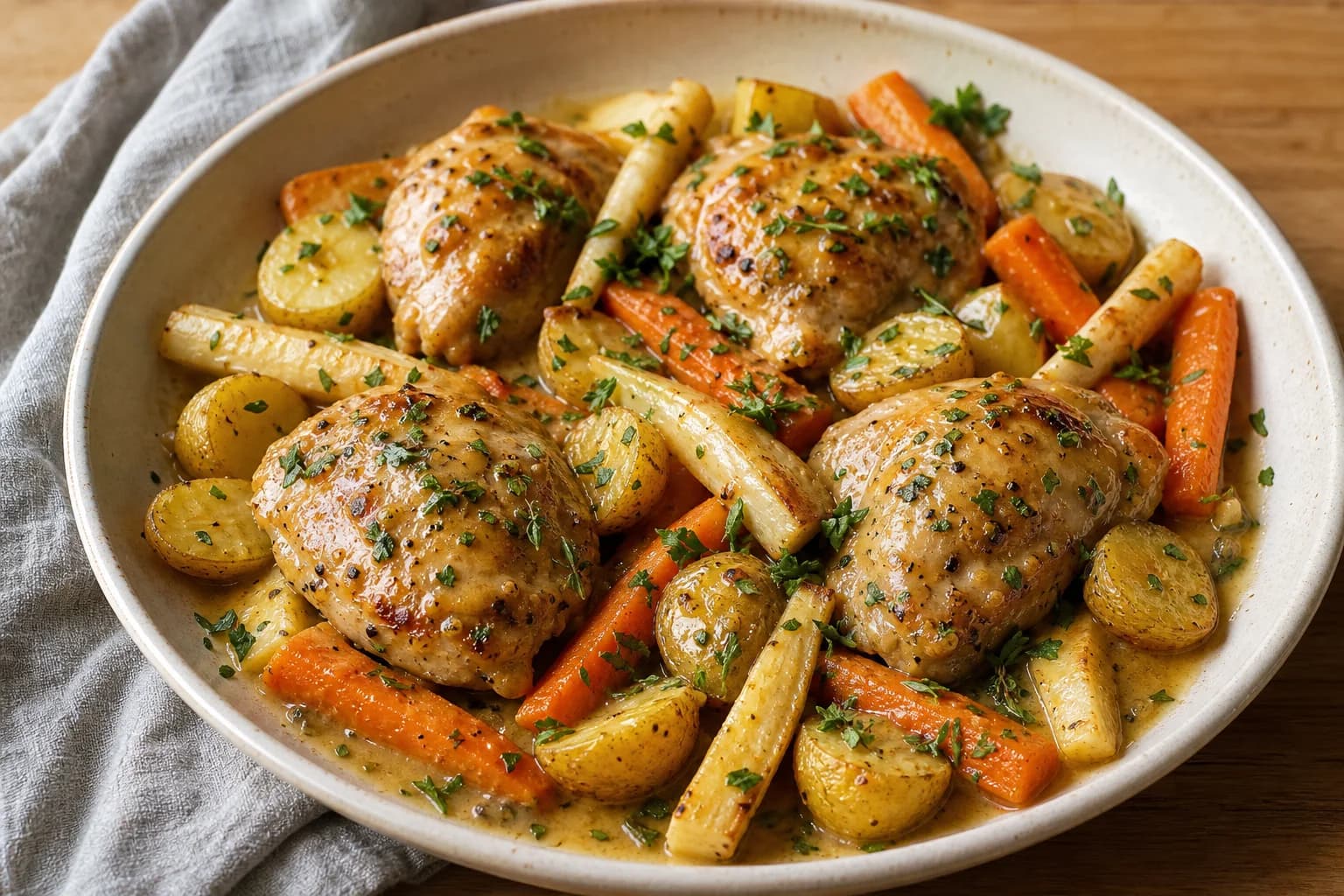 Shallow white bowl of cider-glazed roasted chicken thighs with halved baby potatoes, carrot and parsnip batons, spooned sauce and scattered fresh thyme and chopped parsley on a wooden surface