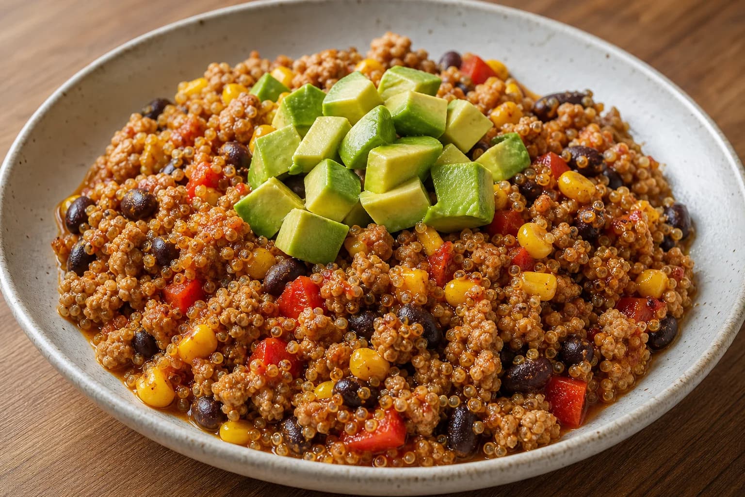 Bowl of Southwest turkey quinoa skillet: quinoa and spiced ground turkey mixed with black beans, corn and red peppers in a glossy salsa, topped with diced avocado, served in a shallow ceramic bowl on a wooden surface.