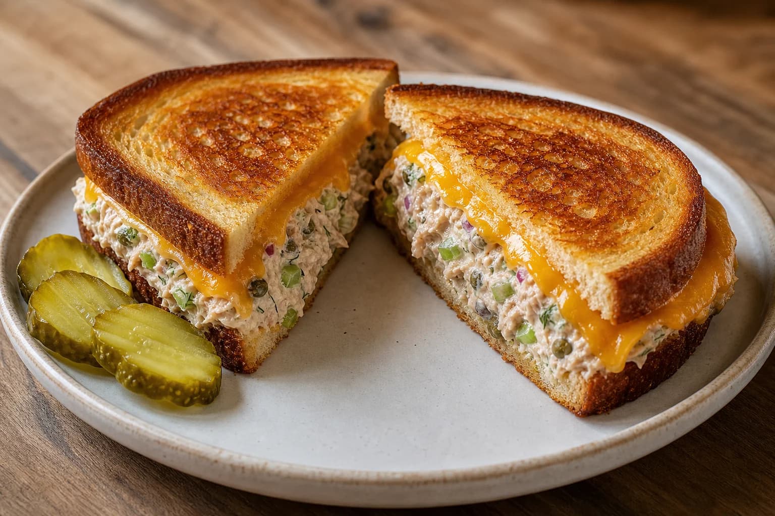 Closed diner-style tuna melt with golden rye, molten cheddar, chunky celery-caper tuna salad, and pickles.