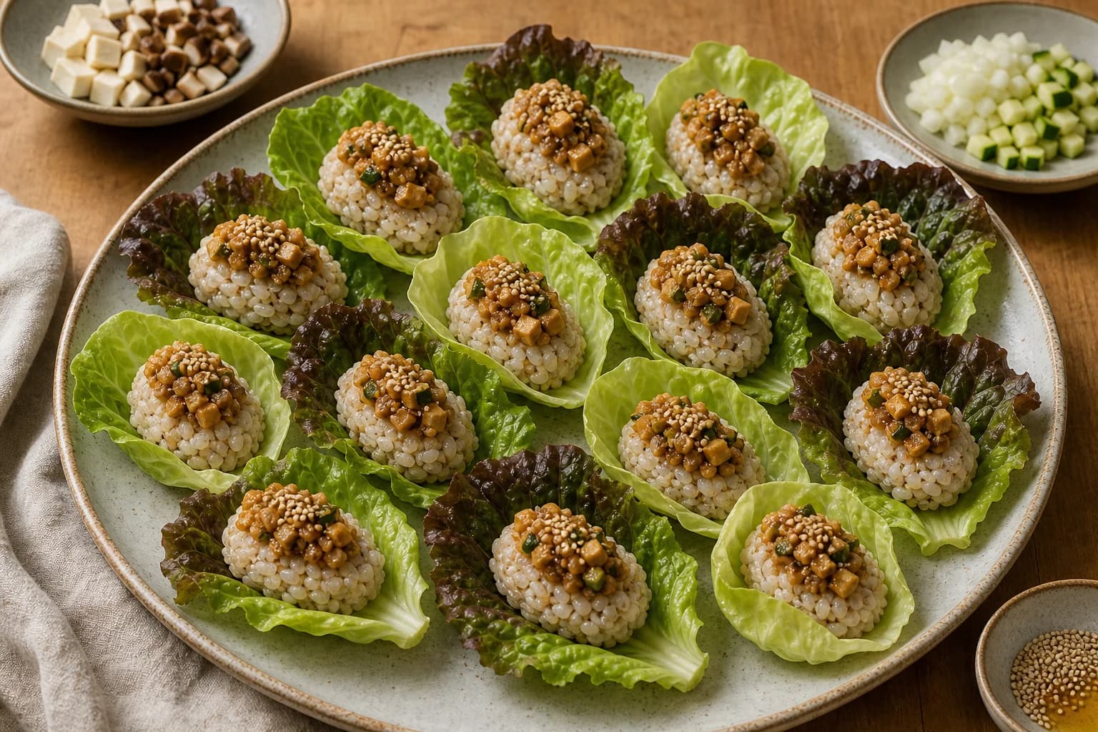 Korean ssambap with rice ovals in lettuce and blanched cabbage leaves, topped with thick vegetable-tofu gang-doenjang and sesame.