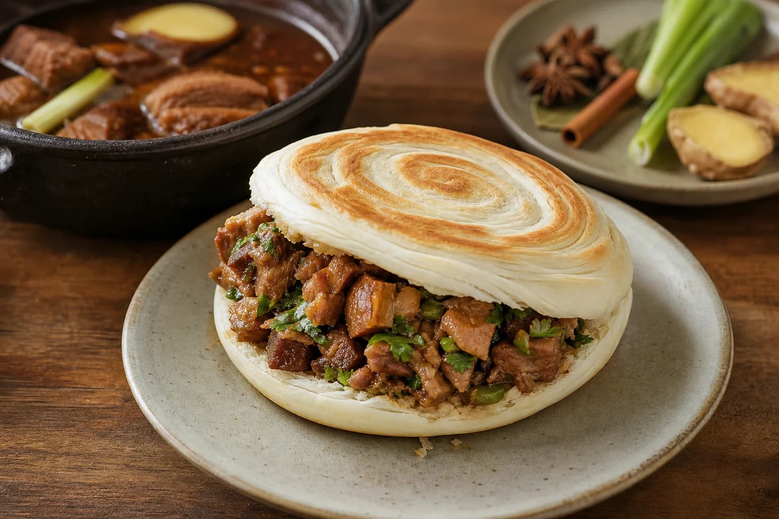 Shaanxi rou jia mo with crisp coiled flatbread packed with juicy chopped soy-spice-braised pork, cilantro, and green chile.