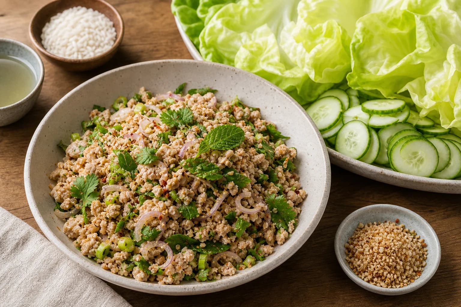 Isan-style chicken larb with tender minced chicken, shallot, mint, cilantro, chile, lime, toasted-rice powder, lettuce, and cucumber.