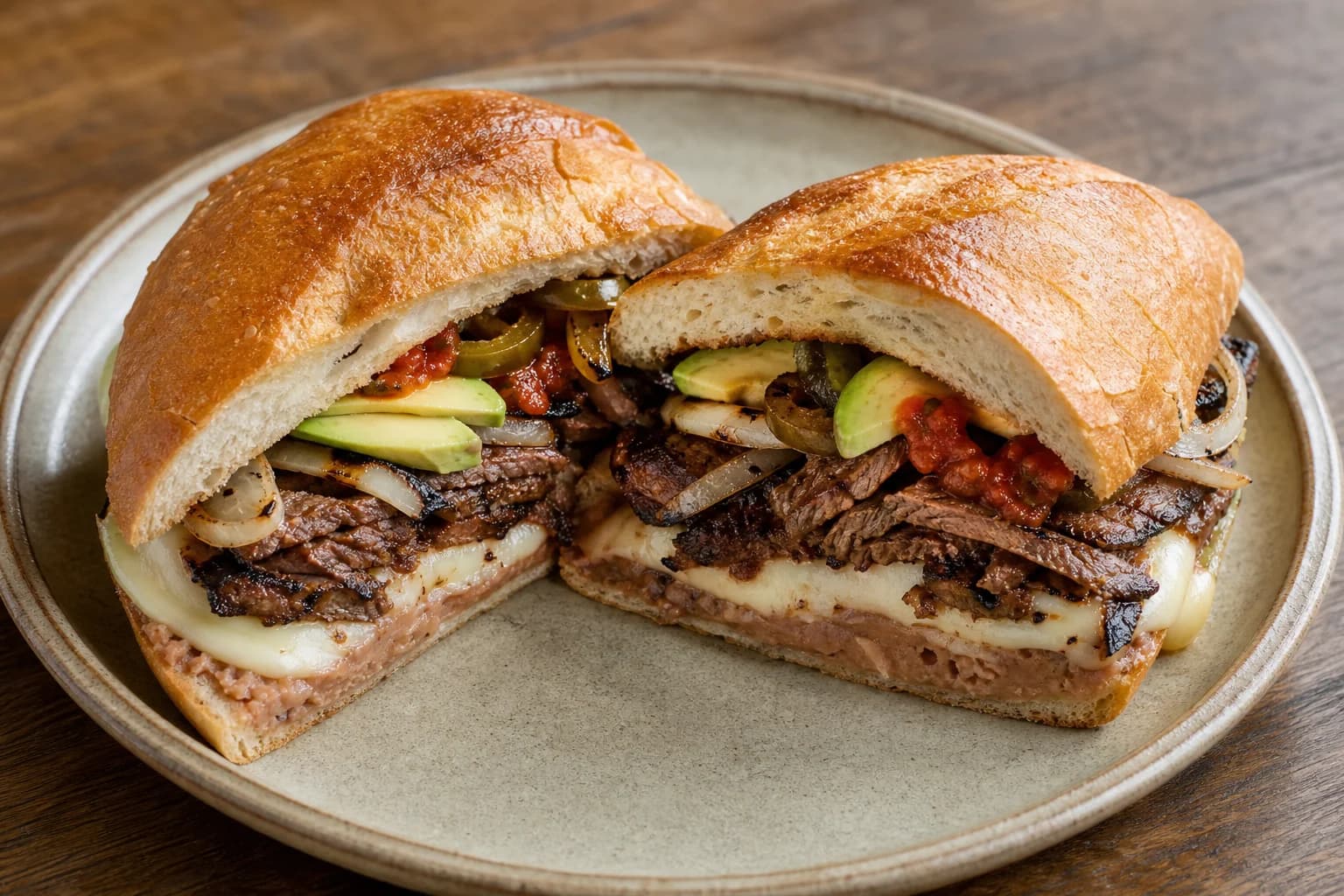 Mexican carne asada torta with sliced charred steak, beans, melted cheese, grilled onion, avocado, jalapeño, and salsa.