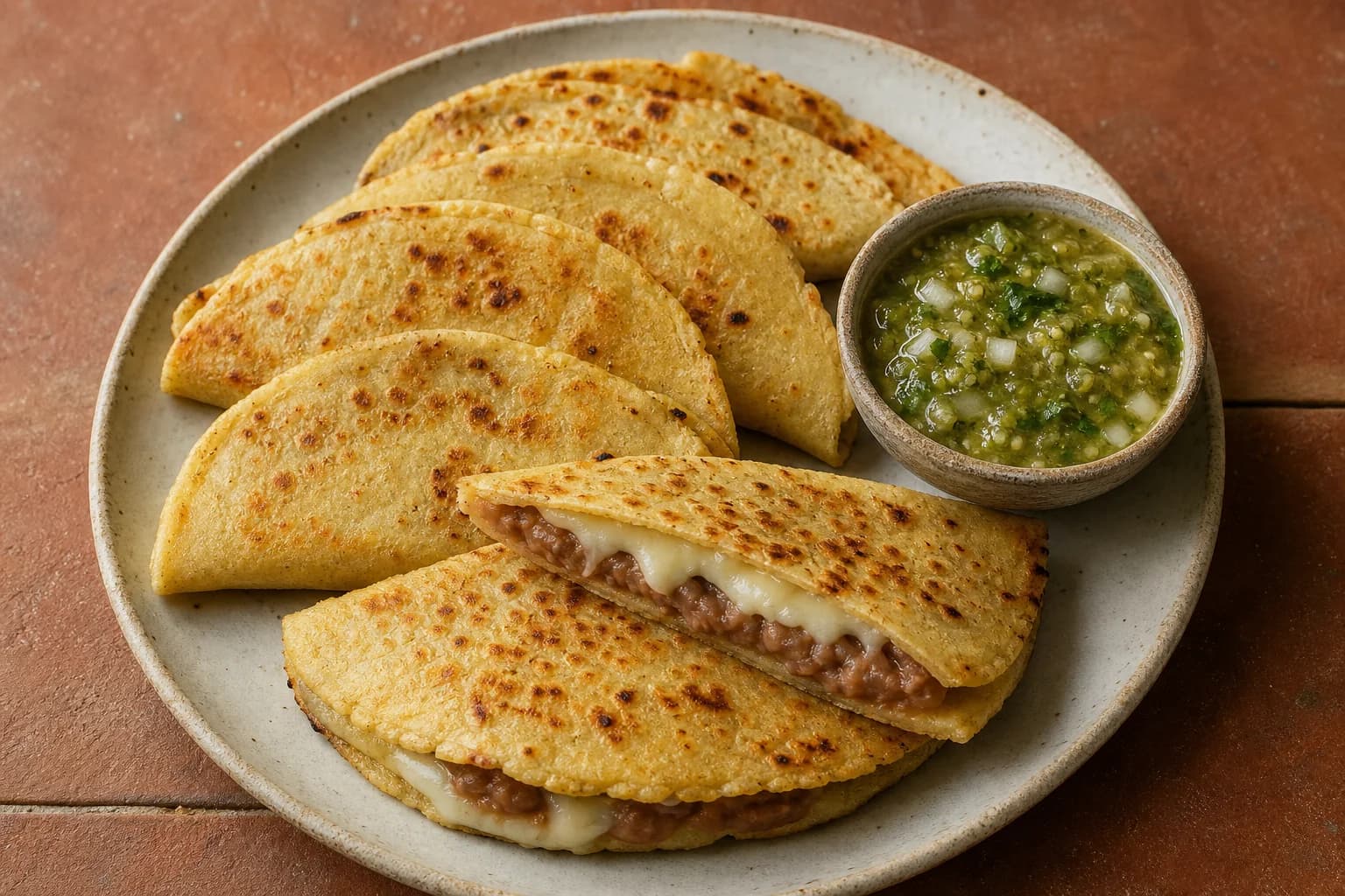 Fresh-masa bean and cheese quesadillas with browned corn shells, melted Oaxaca cheese, refried beans, and roasted tomatillo salsa.