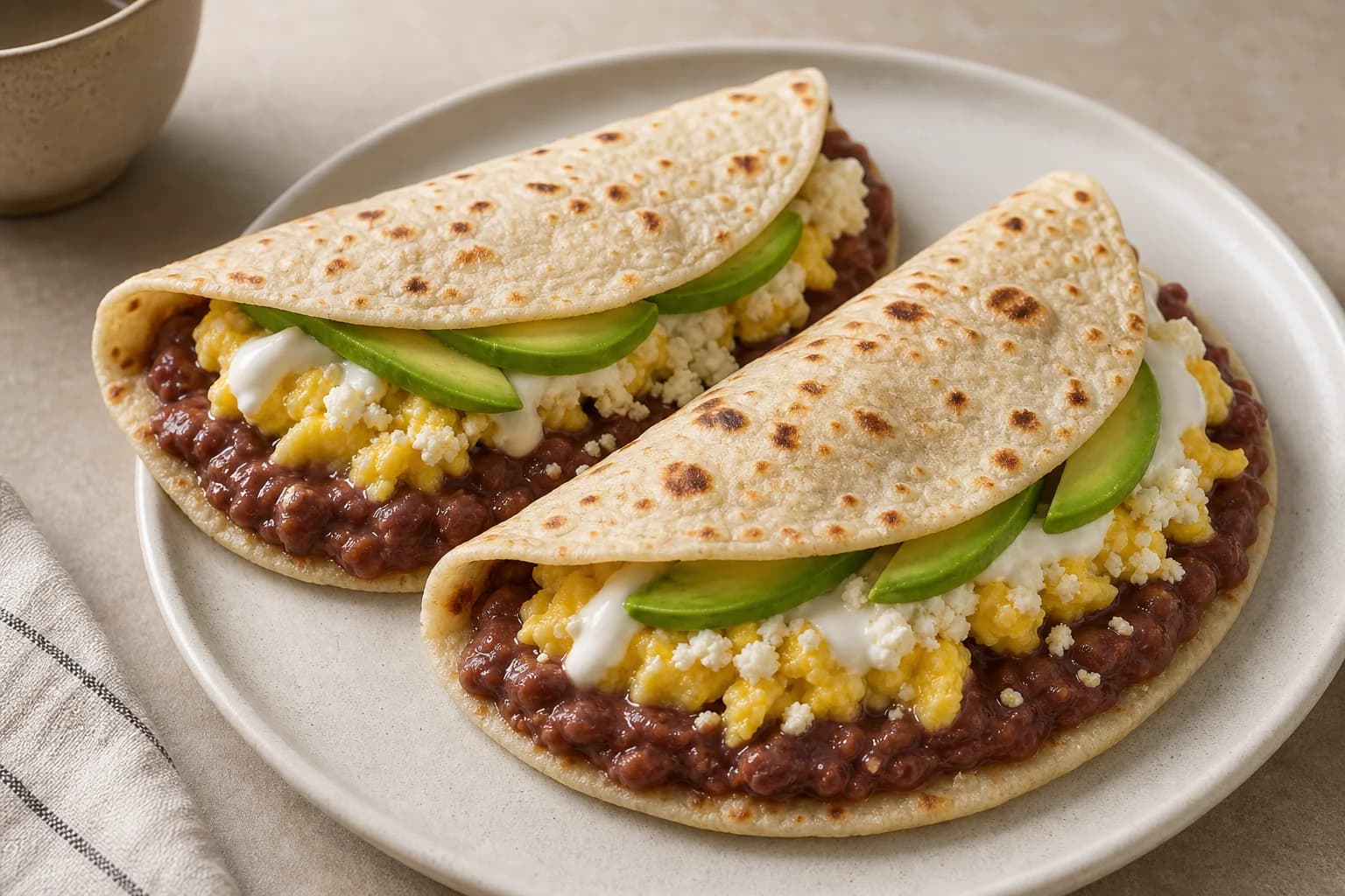 Honduran baleadas folded around creamy red beans, soft scrambled eggs, crumbly cheese, crema, and avocado.