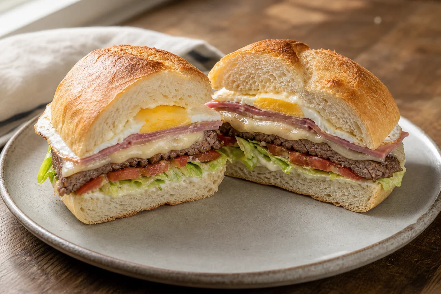Argentine lomito completo with thin seared beef, ham, melted cheese, fried egg, lettuce, tomato, and mayonnaise on a toasted roll.