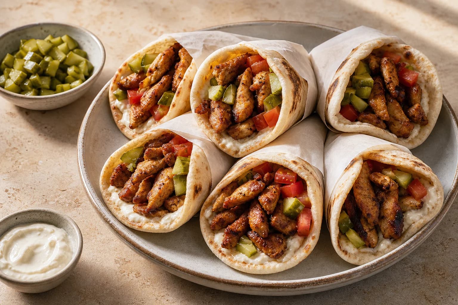 Lebanese-style chicken shawarma pitas with crisp-edged spiced chicken, toum, cucumber pickles, and tomato.