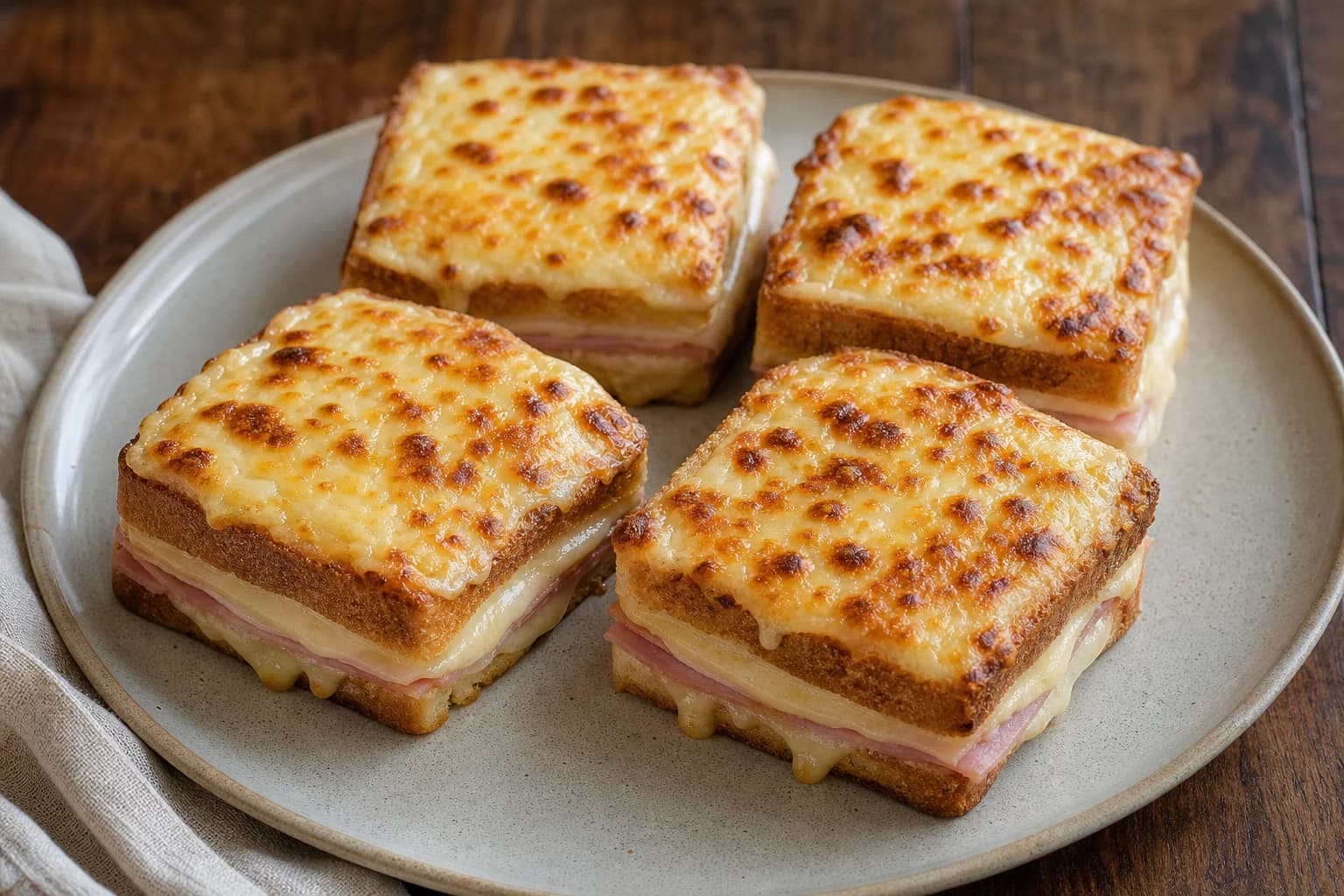 French croque monsieur with toasted pain de mie, jambon de Paris, Gruyère, and browned béchamel topping.
