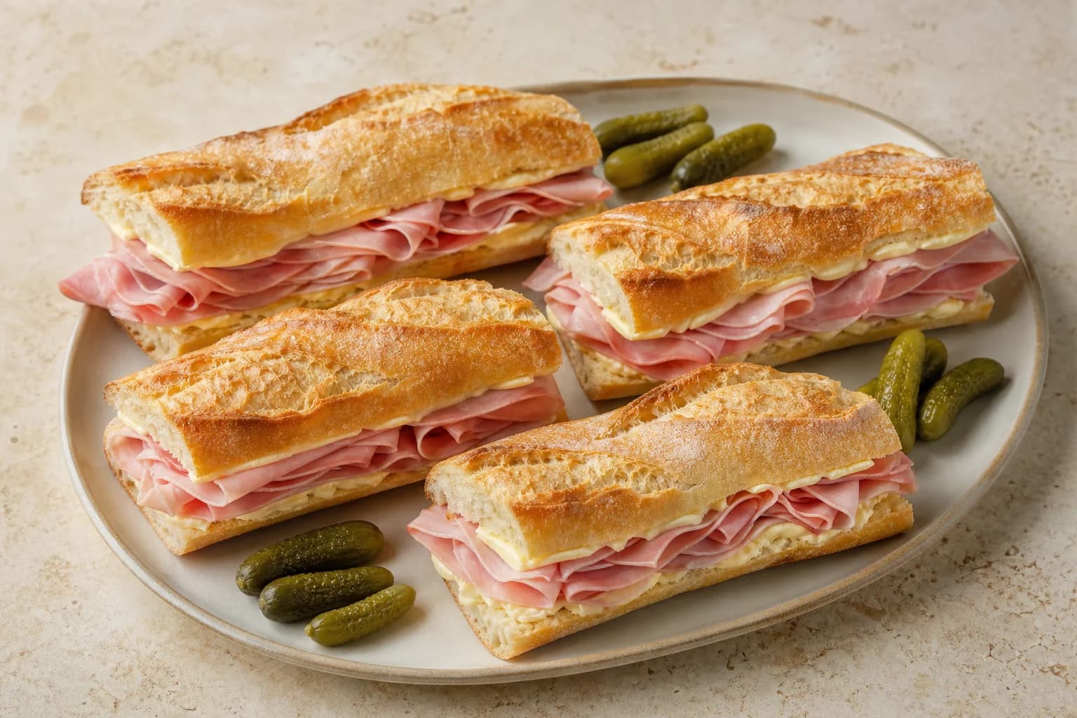 French jambon-beurre baguettes with cool salted cultured butter and loosely folded jambon de Paris, with cornichons alongside.