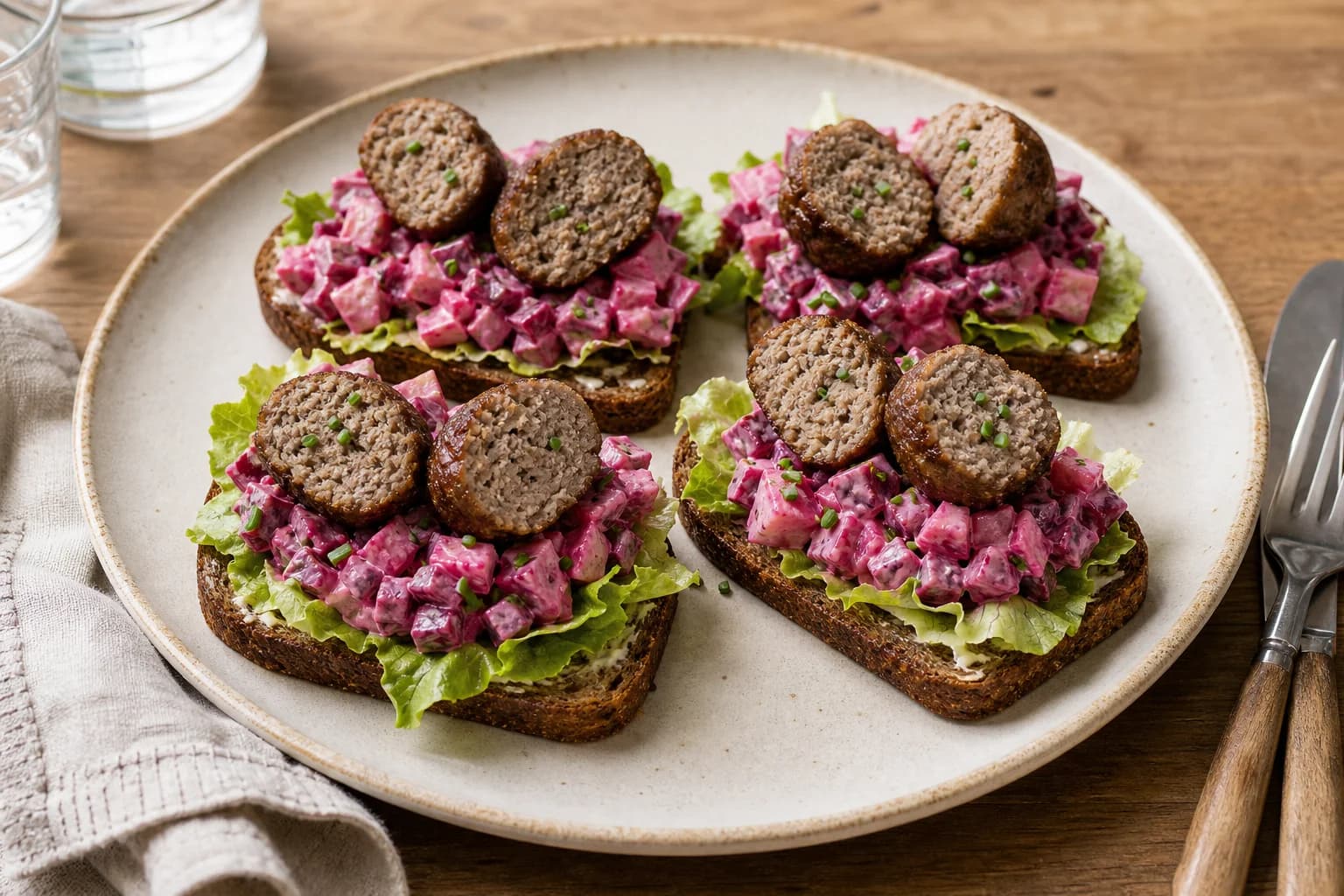 Swedish meatball open sandwiches with rye, dry lettuce, creamy beet-apple salad, halved meatballs, and chives.