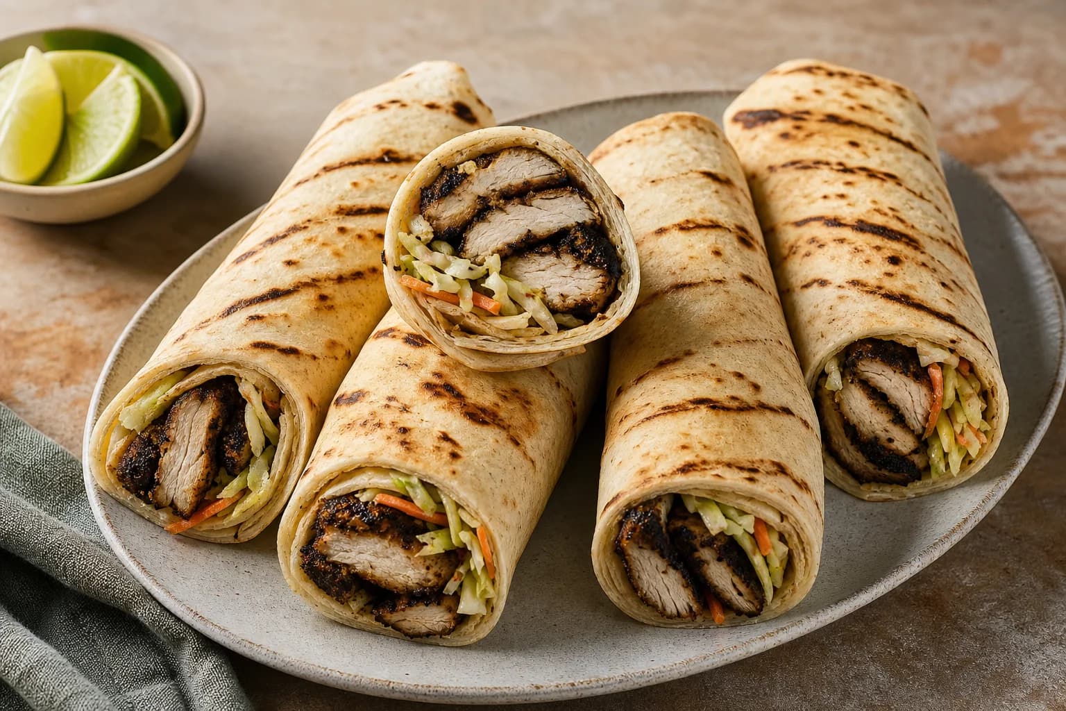 Jamaican jerk chicken wraps with smoky dark-edged sliced chicken and a restrained lime cabbage-carrot slaw.