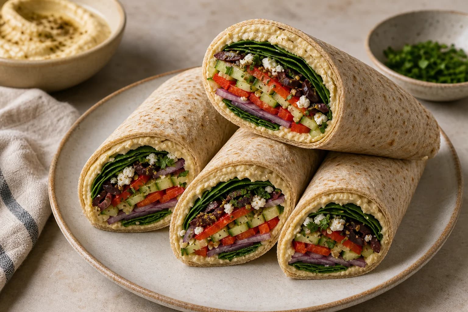 Modern Mediterranean hummus veggie wraps with smooth hummus, dry vegetables, feta, olives, parsley, and za’atar.