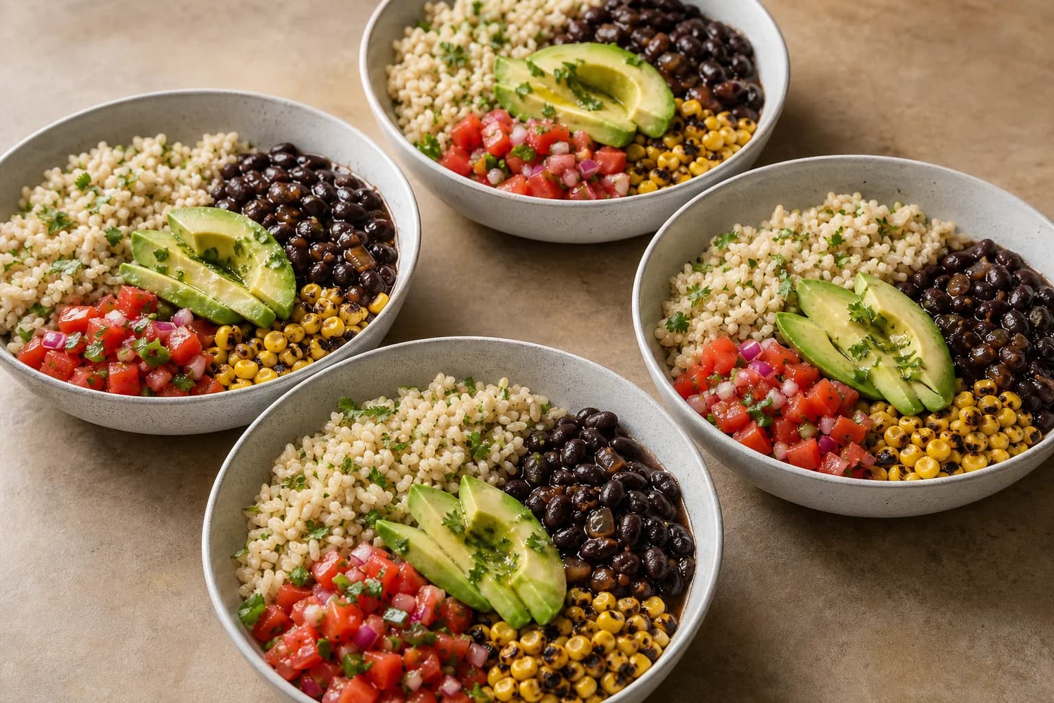 Black bean avocado rice bowls with cilantro-lime brown rice, glossy beans, charred corn, fresh salsa, and sliced avocado.