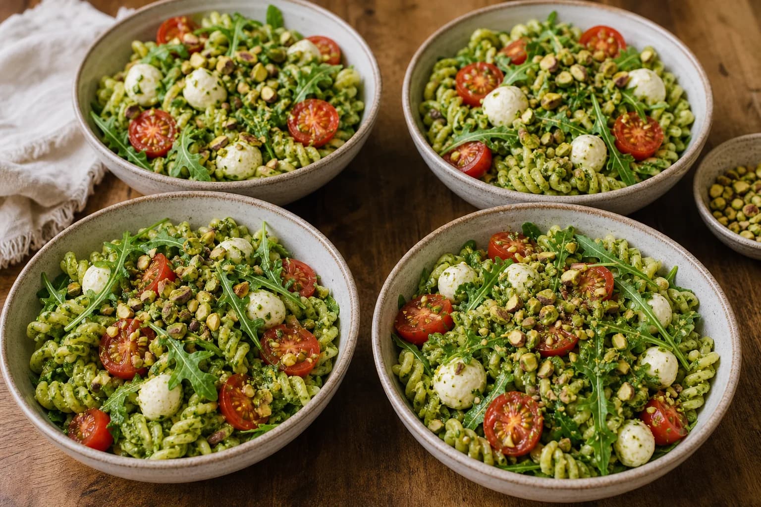Pesto pasta lunch salad with green-coated short pasta, tomato, mozzarella, dry arugula, and chopped pistachios.