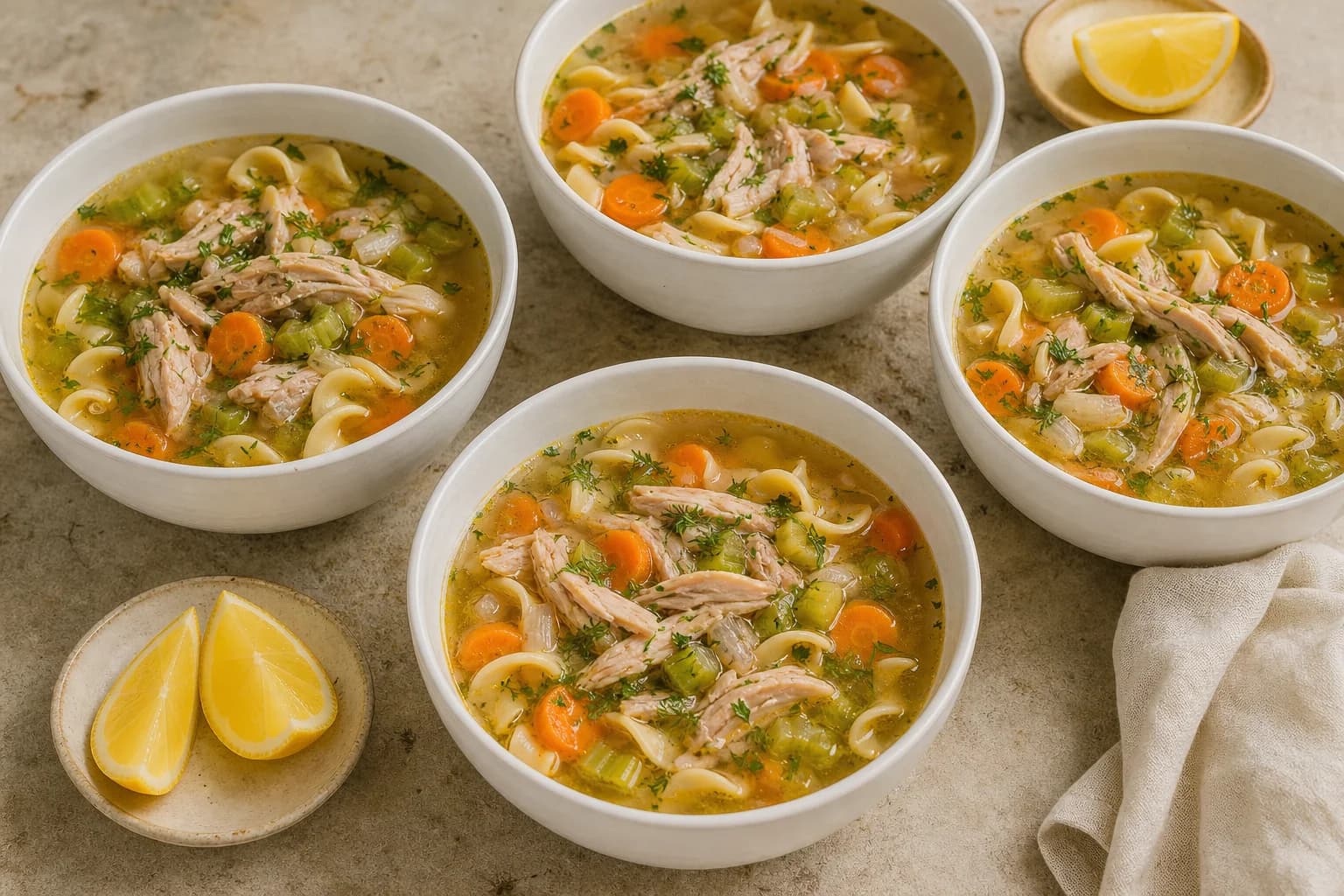 Classic chicken noodle soup with clear golden broth, shredded chicken, vegetables, herbs, and tender noodles.
