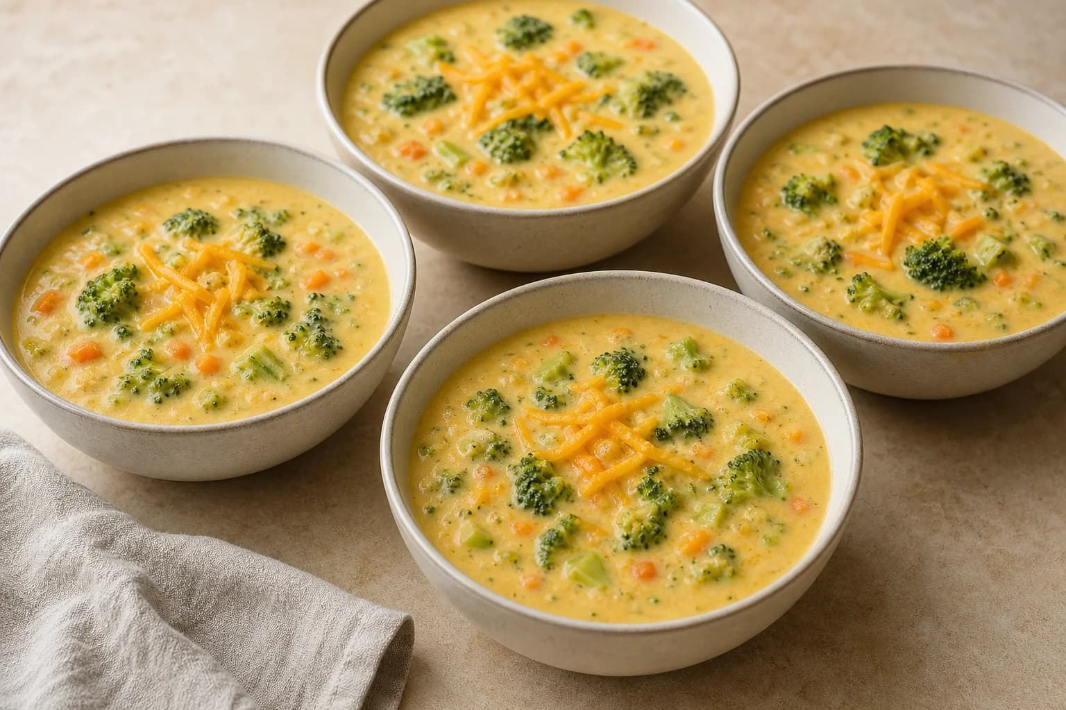 Broccoli cheddar soup with a creamy golden base and visible green broccoli pieces.