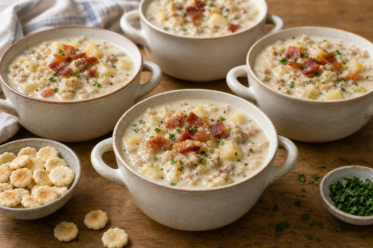 New England clam chowder with creamy broth, clams, potato cubes, bacon, herbs, and oyster crackers.